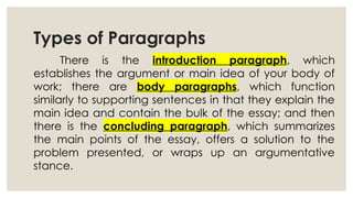 Types of Paragraphs
There is the introduction paragraph, which
establishes the argument or main idea of your body of
work; there are body paragraphs, which function
similarly to supporting sentences in that they explain the
main idea and contain the bulk of the essay; and then
there is the concluding paragraph, which summarizes
the main points of the essay, offers a solution to the
problem presented, or wraps up an argumentative
stance.
 