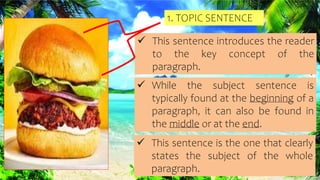 1. TOPIC SENTENCE
 This sentence introduces the reader
to the key concept of the
paragraph.
 While the subject sentence is
typically found at the beginning of a
paragraph, it can also be found in
the middle or at the end.
 This sentence is the one that clearly
states the subject of the whole
paragraph.
 