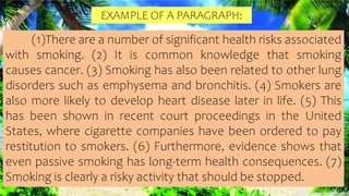 EXAMPLE OF A PARAGRAPH:
(1)There are a number of significant health risks associated
with smoking. (2) It is common knowledge that smoking
causes cancer. (3) Smoking has also been related to other lung
disorders such as emphysema and bronchitis. (4) Smokers are
also more likely to develop heart disease later in life. (5) This
has been shown in recent court proceedings in the United
States, where cigarette companies have been ordered to pay
restitution to smokers. (6) Furthermore, evidence shows that
even passive smoking has long-term health consequences. (7)
Smoking is clearly a risky activity that should be stopped.
 