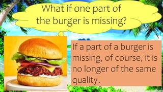 What if one part of
the burger is missing?
If a part of a burger is
missing, of course, it is
no longer of the same
quality.
 