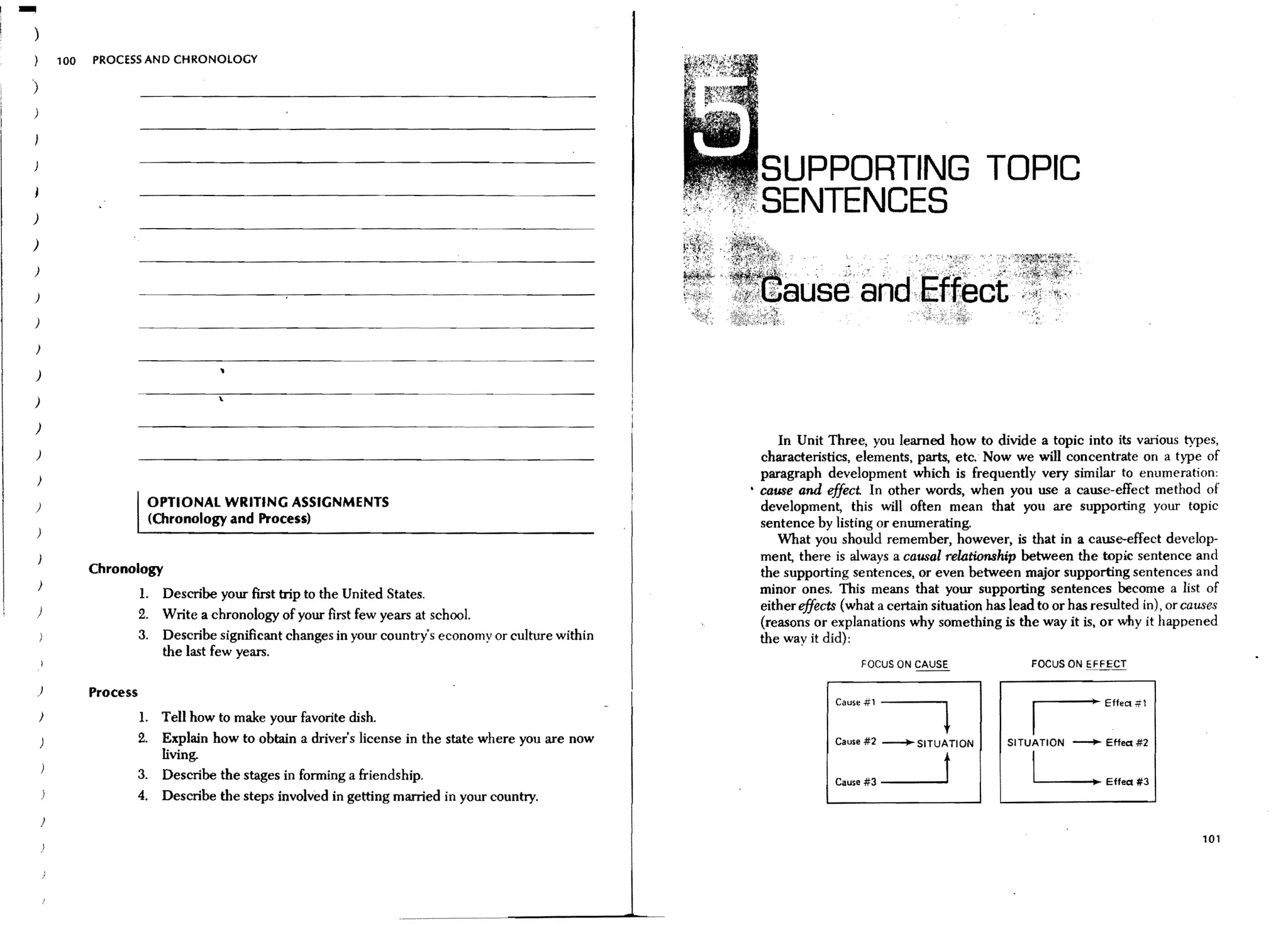 -       100   PROC£SSAND CHRONOLOGY

)
)




                                                                                                        SUPPORTING TOPIC
I
)
                                                                                                        SENTENCES
)
)

)

)

)

)
                         ----~~--------~----                           ... ~- ..-           ---
                                                                                    -..- -...
)

)
                                                                                                           In Unit Three, you learned how to divide a topic into its various types,
)                                                                                                       characteristics, elements, parts, etc. Now we will concentrate on a type of
    )
                                                                                                        paragraph development which is frequently very similar to enumeration:
                                                                                                      • cause and effect. In other words, when you use a cause-effect method of
)                        OPTIONAL WRITING ASSIGNMENTS                                                   development, this will often mean that you are supporting your topic
                         (Chronology and Process)                                                       sentence by listing or enumerating.
)
                                                                                                           What you should remember, however, is that in a cause-effect develop-
                                                                                                        ment, there is always a causal relationship between the topic sentence and
              Chronology                                                                                the supporting sentences, or even between major supporting sentences and
    )                                                                                                   minor ones. This means that your supporting sentences become a list of
                        1. Describe your first trip to the United States.
    )                                                                                                   either effects (what a certain situation has lead to or has resulted in), or causes
                        2. Write a chronology of your first few years at school.                        (reasons or explanations why something is the way it is, or why it happened
                        3. Describe significant changes in your country's economy or culture within     the way it did):
                           the last few years.
                                                                                                                          FOCUS ON CAUSE                FOCUS ON EFFECT

    )

    )
              Process
                        1. Tell how to make your favorite dish.
                                                                                                                     Cause #1   -----,t                  iEffeCl;tl


                        2. Explain how to obtain a driver's license in the state where you are now                   Cause #2 -SITUATION            SITUATION -       Effea#2
                           living.
                        3. Describe the stages in forming a friendship.                                              Cause #3 _ _ _   --oJt              LEffea#3
                        4. Describe the steps involved in getting married in your country.
    )
                                                                                                                                                                                       101
 