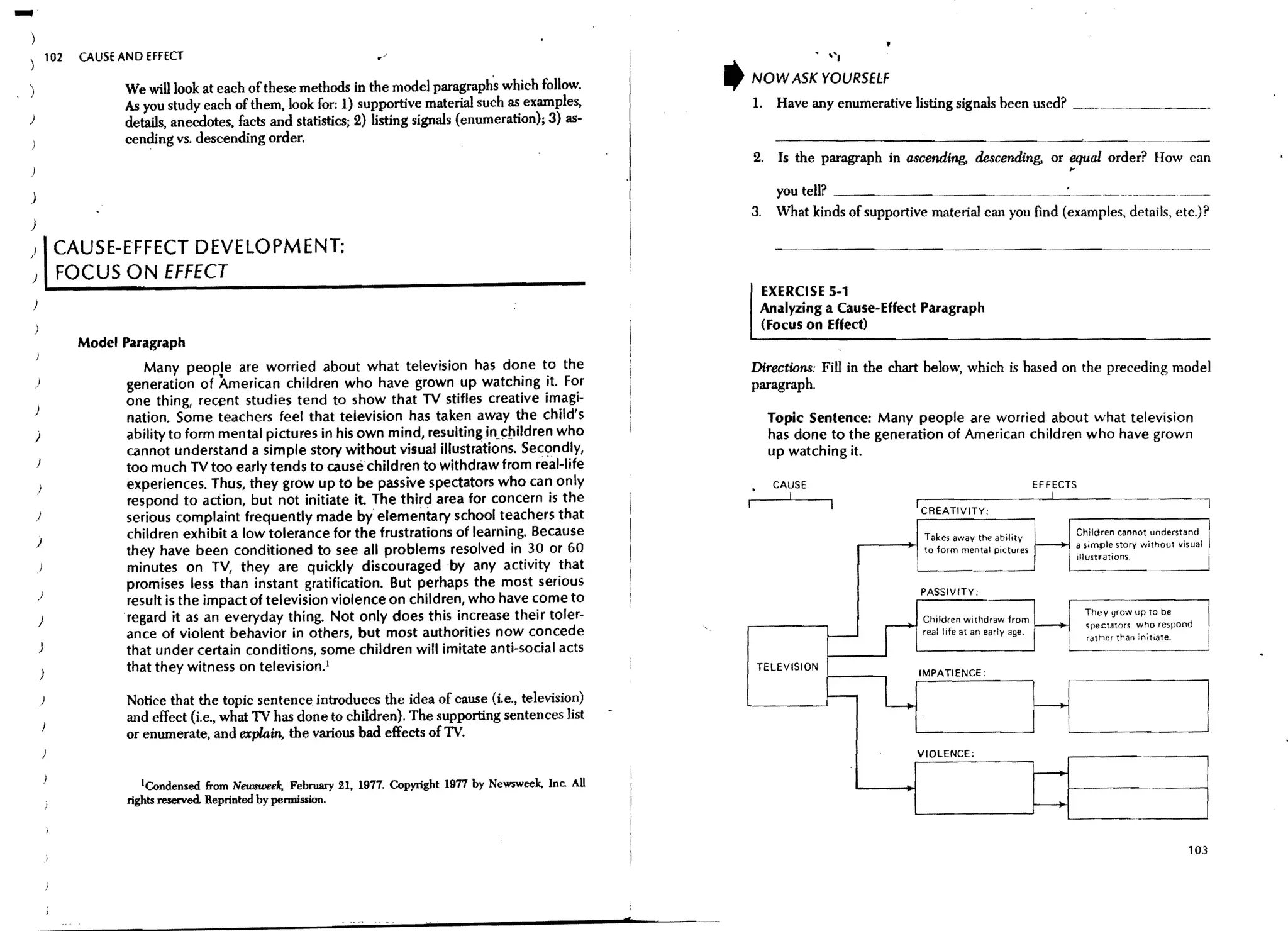 ...,
               102   CAUSE AND EFFECT                                                                                                   ...   "~I


                                                                                                                       ,   NOW ASK YOURSELF
                            We will look at each of these methods in the model paragraphs which follow.
                            As you study each of them, look for: 1) supportive material such as examples,                  1.    Have any enumerative listing signals been used?            _~ __ ~ ___._ _~__
   )                        details, anecdotes. facts and statistics; 2) listing signals (enumeration); 3) as-
                            cending vs. descending order.
                                                                                                                           2.    Is the paragraph in ascending, descending, or equal order? How can
                                                                                                                                                                               ,.
                                                                                                                                 you tell? _ _~ ___~ _ _ _~
   )
                                                                                                                           3.    What kinds of supportive material can you nnd (examples. details. etc.)?
   )

   )            CAUSE-EFFECT DEVELOPMENT:
                FOCUS ON EFFECT
   )~~---------------------------------------                                                                               EXERCISE 5-1
                                                                                                                            Analyzing a Cause-Effect Paragraph
                                                                                                                            (Focus on Effect)
                     Model Paragraph
                               Many people are worried about what television has done to the                               Directions: Fill in the chart below, which is based on the preceding model
       )                    generation of American children who have grown up watching it. For                             paragraph.
                            one thing, recf!nt studies tend to show that TV stifles creative imagi-
                            nation. Some teachers feel that television has taken away the child's                               Topic Sentence: Many people are worried about what television
       )                    ability to form mental pictures in his own mind, resulting in_ c/1i1dren who                        has done to the generation of American children who have grown
                            cannot understand a simple story without visual illustrations. Secondly,                            up watching it.
                            too much TV too early tends to cause children to withdraw from real-life
                            experiences. Thus, they grow up to be passive spectators who can only                                                                                     EFFECTS
                            respond to action, but not initiate it. The third area for concern is the
       )                    serious complaint frequently made by elementary school teachers that
                            children exhibit a low tolerance for the frustrations of learning. Because                                                                                          Children cannot understand
       )                                                                                                                                                                                     a simple story without visual
                            they have been conditioned to see all problems resolved in 30 or 60
                            minutes on TV, they are quickly discouraged by any activity that
                                                                                                                                                         to form mental pictures
                                                                                                                                                                                           I illustrations.
                            promises less than instant gratification. But perhaps the most serious
       )                                                                                                                                                 PASSIVITY:
                            result is the impact of television violence on children, who have come to
                                                                                                                                                                         ;;-w
                                                                                                                                                                                            -.-~.




                                                                                                                                                                                                 They grow up to be
       )                    regard it as an everyday thing. Not only does this increase their toler-                                                     Children withdraw from
                                                                                                                                                                                                 spectators W h 0 ro Dnd
                                                                                                                                                                                                                   ""sp
                            ance of violent behavior in others, but most authorities now concede                                                         real life at an early age.                 •    t
                                                                                                                                                                                                  rat! 1€r t 'an
                            that under certain conditions, some children will imitate anti-social acts
                            that they witness on television. l                                                              TELEVISION
                                                                                                                                                        IMPATIENCE:
                                                                                                                                              /----,

           )                Notice that the topiC sentence introduces the idea of cause (i.e., television)
                            and effect (i.e., what lV has done to children). The supporting sentences list
           }
                            or enumerate, and explain, the various bad effects oflV.
                                                                                                                                                        VIOLENCE:


                               ICondensed from New3Week, February 21. 1977. Copyright 1977 by Newsweek, Inc. All
                            rights reserved. Reprinted by pennission.



                                                                                                                                                                                                                       103




                                                                                                                   d
 