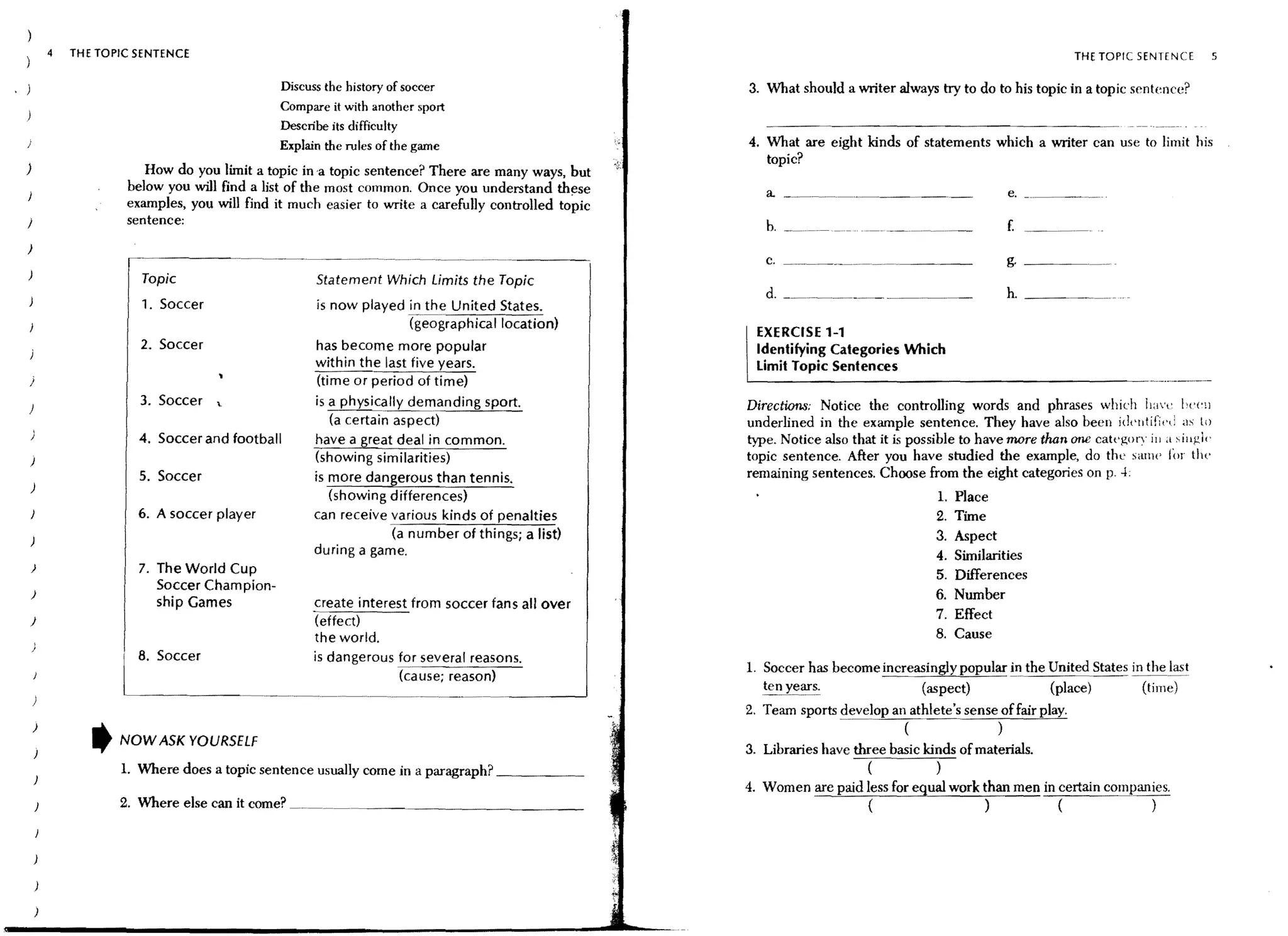 4   THE TOPIC SENTENCE                                                                                                                               THE TOPIC SENTENCE                 5

                                               Discuss the history of soccer                       3. What should a writer always try to do to his topic in a topic sentence?
                                             Compare it with another sport
                                             Describe its di fficu Ity
                                             Explain the roles of the game                         4. What are eight kinds of statements which a writer can use to limit his
                                                                                                      topic?
)                      How do you limit a topic in 'a topic sentence? There are many ways, but
                    below you wi11 find a list of the most common. Once you understand th~se
                    examples, you will find it much easier to write a carefully controlled topic
)                   sentence:
)
                                                   ---'-'-'~'--'-'-----.
                                                                                                                                                 g.   ----.~-~
                      Topic                          Statement Which Limits the Topic
                                                                                                      d. _ _ _ _ _ _ _._. _                      h. _ _~~_~_._.
                      1. Soccer                      is now played in the United States.
                                                                      (geographical location)
                                                                                                    EXERCISE 1-1
                      2. Soccer                      has become more popular                        Identifying Categories Which
                                                     within the last five years.                    Limit Topic Sentences
                                                                                                   L-_ _ _ _ _ _ _ _ _ _ _ _ _ _ _ _ _ _ _ _ _                                 __
                                                     (time or period of time)
                                                                                                                                                                          ~.        .~._._._~




)
                      3. Soccer .                   is a physically demanding sport.              Directions: Notice the controlling words and phrases which hav" h{,(~ll
                                                        (a certain aspect)                         underlined in the example sentence. They have also been id{'lltifi",: as to
                      4. Soccer and football         have a great deal in common.                  type. Notice also that it is possible to have more than one cat('gof' ill a sillgk
)                                                    (showing similarities)                        topic sentence. After you have studied the example, do the same {ilT the
                      5. Soccer                      is more dangerous than tennis.                remaining sentences. Choose from the eight categories on p, 4:
)
                                                        (showing differences)                                                        1. Place
                      6. A soccer player             can receive various kinds of penalties                                         2. Time
                                                                   (a number of things; a list)                                     3.   Aspect
                                                     during a game.                                                                 4.   Similarities
    )                 7. The World Cup                                                                                              5.   Differences
                         Soccer Champion-
    )                                                                                                                               6.   Number
                         ship Games                  create interest from soccer fans all over
    j                                                (effect)                                                                       7.   Effect
                                                     the world.                                                                     8.   Cause
                                                     is dangerous for several reasons.
                                                                                                   1. Soccer has become increasingly popular in the United States in the last
                                                                  (cause; reason)
                                                                                                      ten years.              (aspect)              (place)         (time)
                                                                                                   2. Team sports develop an athlete's sense of fair play.
    )                                                                                                                 ..    ('              )
               ,   NOW ASK YOURSELF
                                                                                                   3. Libraries have three basic kinds of materials.
                   1. Where does a topic sentence usually come in a paragraph? _ _ _ __                                (           )
                                                                                                   4. Women are paid less for equal work than men in certain companies.
                   2. Where else can it come? ~~_~_~~_ _ _ _ _ _ _ _ _ _ _ _ __                                        (                   )         (             )




    )
 