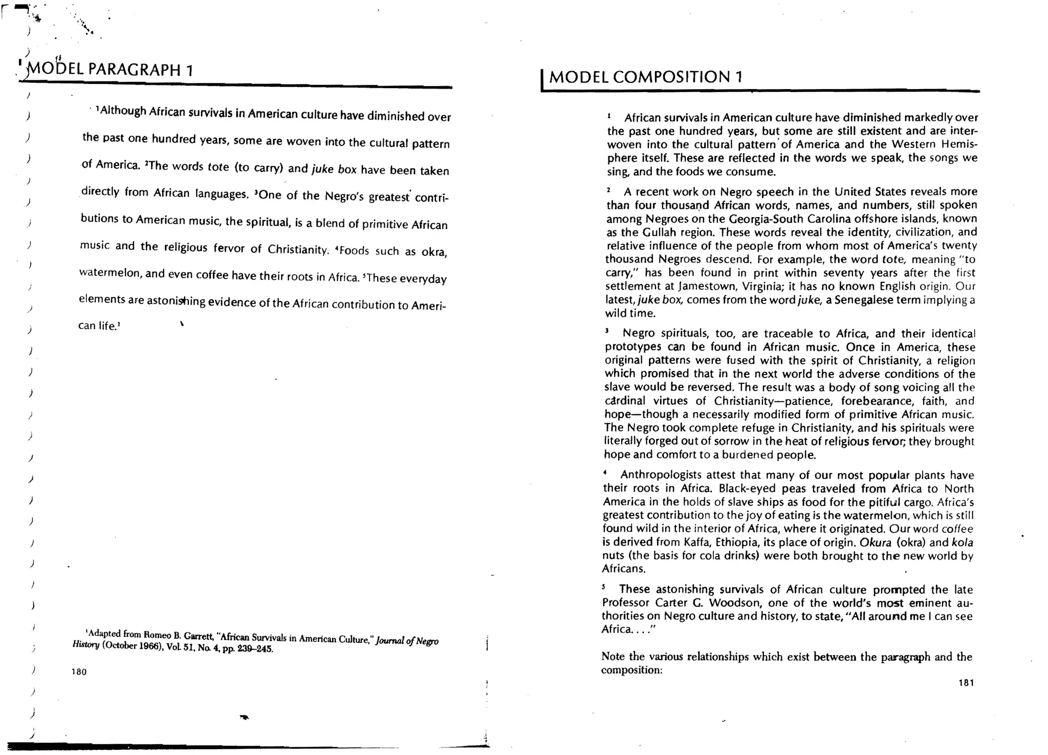 '..
 )       u..
.',tv10UEL PARAGRAPH 1
                                                                                                            I MODEL COMPOSITION 1
 )                   . 1 Although   African survivals in American culture have diminished over                         African survivals in American culture have diminished markedly over
                                                                                                                   the past one hundred years, but some are still existent and are inter-
 )               the past one hundred years, some are woven into the cultural pattern                              woven into the cultural pattern' of America and the Western Hemis-
                                                                                                                   phere itself. These are reflected in the words we speak, the songs we
                 of America. 2The words tote (to carry) and juke box have been taken                               sing, and the foods we consume.

                 directly from African languages. 'One of the Negro's greatest' contri.                                A recent work on Negro speech in the United States reveals more
 )                                                                                                                than four thousar:ld African words, names, and numbers, still spoken
                 butions to American music, the spiritual, is a blend of primitive African                        among Negroes on the Georgia-South Carolina offshore islands, known
                                                                                                                  as the Gullah region. These words reveal the identity, civilization, and
 )
                music and the religious fervor of Christianity. 4 Foods such as okra,                              relative influence of the people from whom most of America's twenty
                                                                                                                  thousand Negroes descend. For example, the word tote, meaning "to
                watermelon, and even coffee have their roots in Africa. lThese everyday                           carry," has been found in print within seventy years after the first
                                                                                                                  settlement at Jamestown, Virginia; it has no known English origin. Our
                elements are astoni9hing evidence of the African contribution to Ameri.                           latest, juke box, comes from the word juke, a Senegalese term implying a
                                                                                                                  wild time.
 )              can life.'
                                                                                                                       Negro spirituals, too, are traceable to Africa, and their identical
                                                                                                                  prototypes can be found in African music. Once in America, these
                                                                                                                  original patterns were fused with the spirit of Christianity, a religion
 )                                                                                                                which promised that in the next world the adverse conditions of the
                                                                                                                  slave would be reversed. The result was a body of song VOicing all the
                                                                                                                  c<trdinal virtues of Christianity-patience, forebearance, faith, and
 )                                                                                                                hope-though a necessarily modified form of primitive African music.
                                                                                                                  The Negro took complete refuge in Christianity, and his spirituals were
 )
                                                                                                                  literally forged out of sorrow in the heat of religious fervor; they brought
 )                                                                                                                hope and comfort to a burdened people.

 )                                                                                                                    Anthropologists attest that many of our most popular plants have
                                                                                                                  their roots in Africa. Black-eyed peas traveled from Africa to North
     )                                                                                                            America in the holds of slave ships as food for the pitiful cargo. Africa's
     )
                                                                                                                  greatest contribution to the joy of eating is the watermelon, which is still
                                                                                                                  found wild in the interior of Africa, where it originated. Our word coffee
                                                                                                                  is derived from Kaffa, Ethiopia, its place of origin. Okura (okra) and kola
                                                                                                                  nuts (the basis for cola drinks) were both brought to the new world by
     )
                                                                                                                  Africans.
                                                                                                                      These astonishing survivals of African culture prompted the late
                                                                                                                  Professor Carter G. Woodson, one of the world's most eminent au-
                                                                                                                  thorities on Negro culture and history, to state, "All around me I can see
                                                                                                                  Africa...."
                . 'Adapted from Romeo B. Garrett, "African Survivals in American Culture," Journal olNe
               History (October 1966), VoL 51, No. 4, pp. 239-245.                                    gro
                                                                                                                  Note the various relationships which exist between the paragraph and the
               180                                                                                                composition:
                                                                                                                                                                                          181
     )


     )
     j
 
