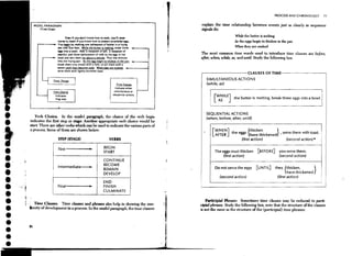 PROCESS AND CHRONOLOGY           71


      MODEL PARAGRAPH                                                                          explain the time relationship between events just as clearly as sequence
          /Time Clues)                                                                         signals do:

                                Even if '1'01.1 don't k now how to cook, you'll never
                                                                                                                    'While the butter is melting

        r----_           starve to death if you know how to prepare scrambled eggs.
                         You begin by melting one tablespoon of butter in a frving
                         pan over low heat. While the butter is melting, break three
                                                                                                                    As the eggs begin to thicken in the pan
                                                                                                                    When they are cooked
                         eggs into a bowl. Add % teaspoon of salt. % teaspoon of
                                                                                               The most common time words used to introduce time clauses are before,
           r--__         paprika, and three tablespoons of milk to the eggs in the
                         bowl and mix them for about a minute. Pour the mixture
                         into the frying pan. As the eggs begin to thicken in the pan, ~---1
                                                                                               after, when, while, as, and until Study the follOwing box;
                         break them into shreds with a fork, or stir them with a
                         spoon until they become solid. When they are cooke!!, ~-_ _ _-I
                         serve them with lightly buttered toast.
                                                                                               ,-----------------CLAUSESOFTIM~~--------------_,

                    Time Phrase
                                                                                                  SIMULTANEOUS ACTIONS
                                                                    Ti me Clauses                 (while, as)
                                                                   Indicate either
                    Verb Choice                                   simultaneous or     r---
                                                                                                       [~~ILE]
                     Indicates                                   sequential actions
                     firr,J step                                                                                    the butter is melting, break three eggs into a bowl.



                                                                                                  SEQUENTIAL ACTIONS
       Verb Choice. In the model paragraph, the choice of the verb begin                          (when, before, after, until)
    indicates the first step or stage. Another appropriate verb choice would be
    start. There are other verbs which can be used to indicate the various parts of
    a process. Some of them are shown below:                                                            WHEN]             thicken}                          .h
                                                                                                      [ AFTER the eggs { h ave t h'IC k ene d ' serve them Wit toast. :
                                                                                                                                                                                I
                         STEP (STAGE)                         VERBS                                                 (first action)                (second action)·



•
•
                         First                  II        BEGIN
                                                          START                                         The eggs must thicken
                                                                                                             (first action)
                                                                                                                                   [BEFORE]          you serve them.
                                                                                                                                                     (second action)



•
                                                          CONTINUE
                                                          BECOME


•
                         Intermediate_                                                                  Do not serve the eggs     [UNTIL]          they {thicken.           }
                                                          REMAIN
                                                                                                                                                            have thickened.


•
                                                          DEVELOP
                                                                                                           (second action)                           (first action)



•
                                                          END
                         Final                  ,         FINISH


•
•
                                                          CULMINATE

                                                                                                 Participial Phrases Sometimes time clauses may be reduced to parti-


•
       Time Clauses. Time clauses and phrases also help in shOwing the con-                    cipial phrases. Study the follOwing box; note that the structure of the clauses
    'nuity of development in a process. In the model paragraph, the time clauses               is not the same as the structure of the (participial) time phrases:


•
•
•
•
•
 