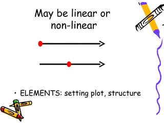 May be linear or
       non-linear




• ELEMENTS: setting plot, structure
 