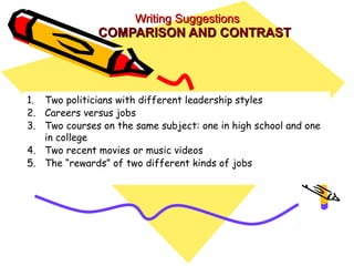 Writing Suggestions
               COMPARISON AND CONTRAST




1. Two politicians with different leadership styles
2. Careers versus jobs
3. Two courses on the same subject: one in high school and one
   in college
4. Two recent movies or music videos
5. The “rewards” of two different kinds of jobs
 