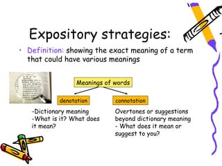 Expository strategies:
• Definition: showing the exact meaning of a term
  that could have various meanings


                  Meanings of words

            denotation        connotation
   -Dictionary meaning        Overtones or suggestions
   -What is it? What does     beyond dictionary meaning
   it mean?                   - What does it mean or
                              suggest to you?
 
