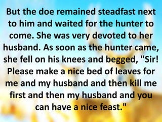 But the doe remained steadfast next
to him and waited for the hunter to
come. She was very devoted to her
husband. As soon as the hunter came,
she fell on his knees and begged, "Sir!
Please make a nice bed of leaves for
me and my husband and then kill me
first and then my husband and you
can have a nice feast."
 