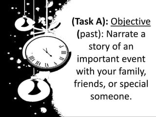 (Task A): Objective
(past): Narrate a
story of an
important event
with your family,
friends, or special
someone.
 