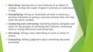  Describing: Naming one or more features of an object or
concept, to help the reader imagine it precisely or understand
it fully.
 Exemplifying: Giving an illustration of what is meant by a
previous statement or giving a concrete instance that will help
make the point credible.
 Comparing and contrasting: Examining objects alongside each
other for the purpose of clarifying their features, evaluating
them or noting differences and similarities.
 Narrating: Telling a story describing an event or series of
events.
 Evaluating: Making judgement about something discussed
previously.
 