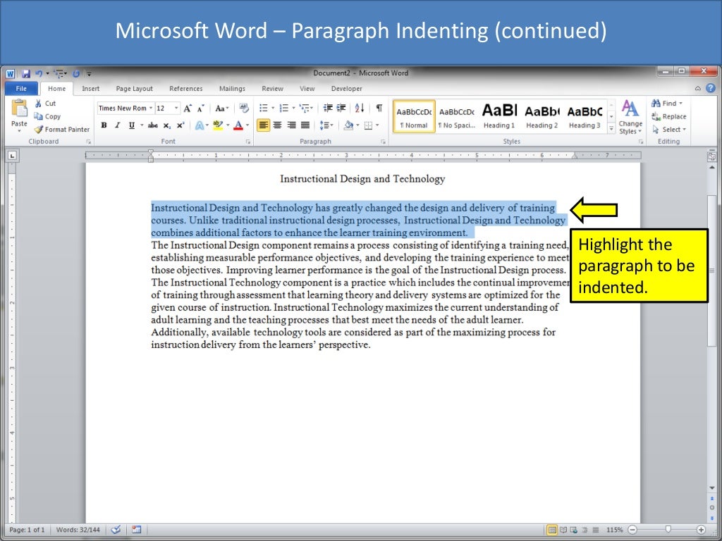 where is first line indent in word