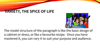 VARIETY, THE SPICE OF LIFE 
The model structure of the paragraph is like the basic design of 
a cabinet or dress, or like a favourite recipe. Once you have 
mastered it, you can vary it to suit your purpose and audience. 
 