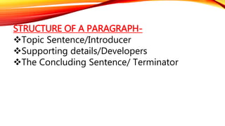 STRUCTURE OF A PARAGRAPH- 
Topic Sentence/Introducer 
Supporting details/Developers 
The Concluding Sentence/ Terminator 
 