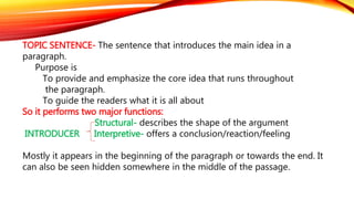 TOPIC SENTENCE- The sentence that introduces the main idea in a 
paragraph. 
Purpose is 
To provide and emphasize the core idea that runs throughout 
the paragraph. 
To guide the readers what it is all about 
So it performs two major functions: 
Structural- describes the shape of the argument 
INTRODUCER Interpretive- offers a conclusion/reaction/feeling 
Mostly it appears in the beginning of the paragraph or towards the end. It 
can also be seen hidden somewhere in the middle of the passage. 
 