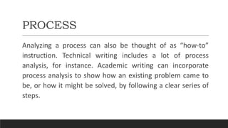 PROCESS
Analyzing a process can also be thought of as “how-to”
instruction. Technical writing includes a lot of process
analysis, for instance. Academic writing can incorporate
process analysis to show how an existing problem came to
be, or how it might be solved, by following a clear series of
steps.
 