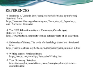 REFERENCES
 University of Sidney. The write site Module 3: Structure . Retrieved
from:
http://writesite.elearn.usyd.edu.au/m3/m3u2/m3u2s2/m3u2s2_2.htm
 TestDEN: Education software. Vancouver, Canada. 1997.
Retrieved from:
http://www.testden.com/toefl/writing-tutorial/parts-of-an-essay.htm
 Your dictionary. Retreived
from://examples.yourdictionary.com/examples/descriptive-text-
examples.html
 Writing corner. Retrieved from:
http://wwcsd.net/~widrigr/PersuasiveWriting.htm
 Raymond R. Camp in The Young Sportsman's Guide To Canoeing
Retrieved from:
http://www.oocities.org/whoelseisgreat/Examples_of_Expository_
and_Narrative_Texts.doc
 