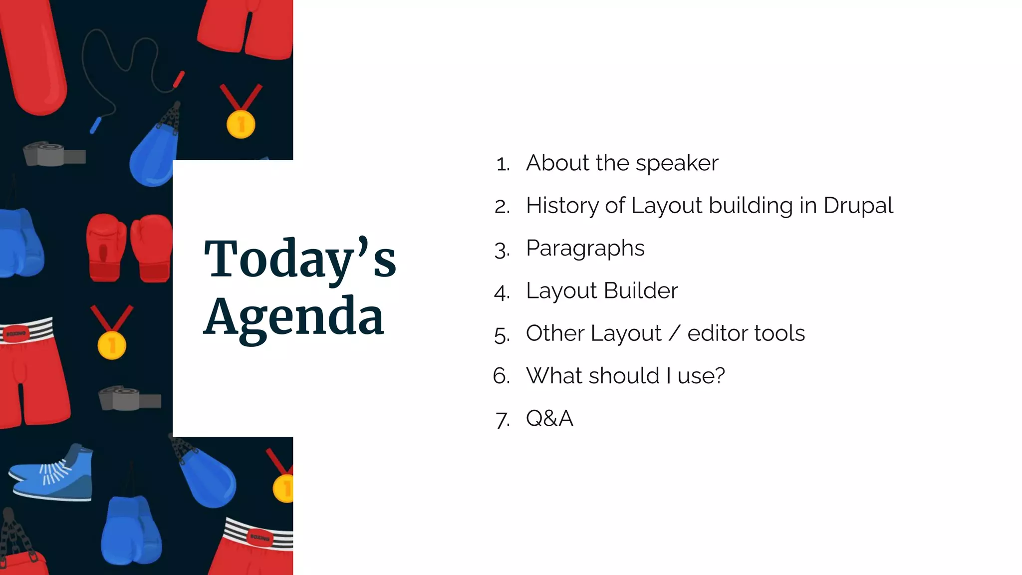 1. About the speaker
2. History of Layout building in Drupal
3. Paragraphs
4. Layout Builder
5. Other Layout / editor tools
6. What should I use?
7. Q&A
Today’s
Agenda
 