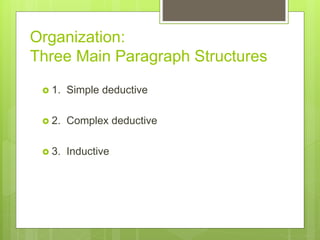 Organization:
Three Main Paragraph Structures
 1. Simple deductive
 2. Complex deductive
 3. Inductive
 