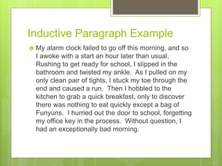 Inductive Paragraph Example
 My alarm clock failed to go off this morning, and so
I awoke with a start an hour later than...