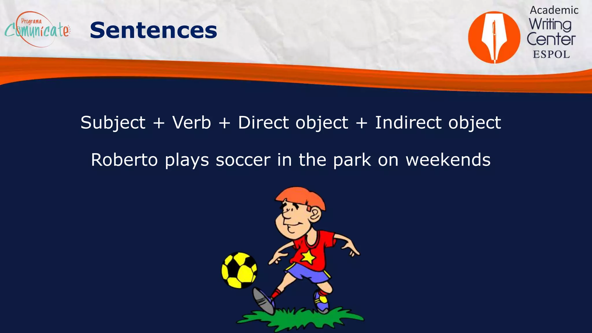 Subject + Verb + Direct object + Indirect object
Roberto plays soccer in the park on weekends
Academic
Sentences
 