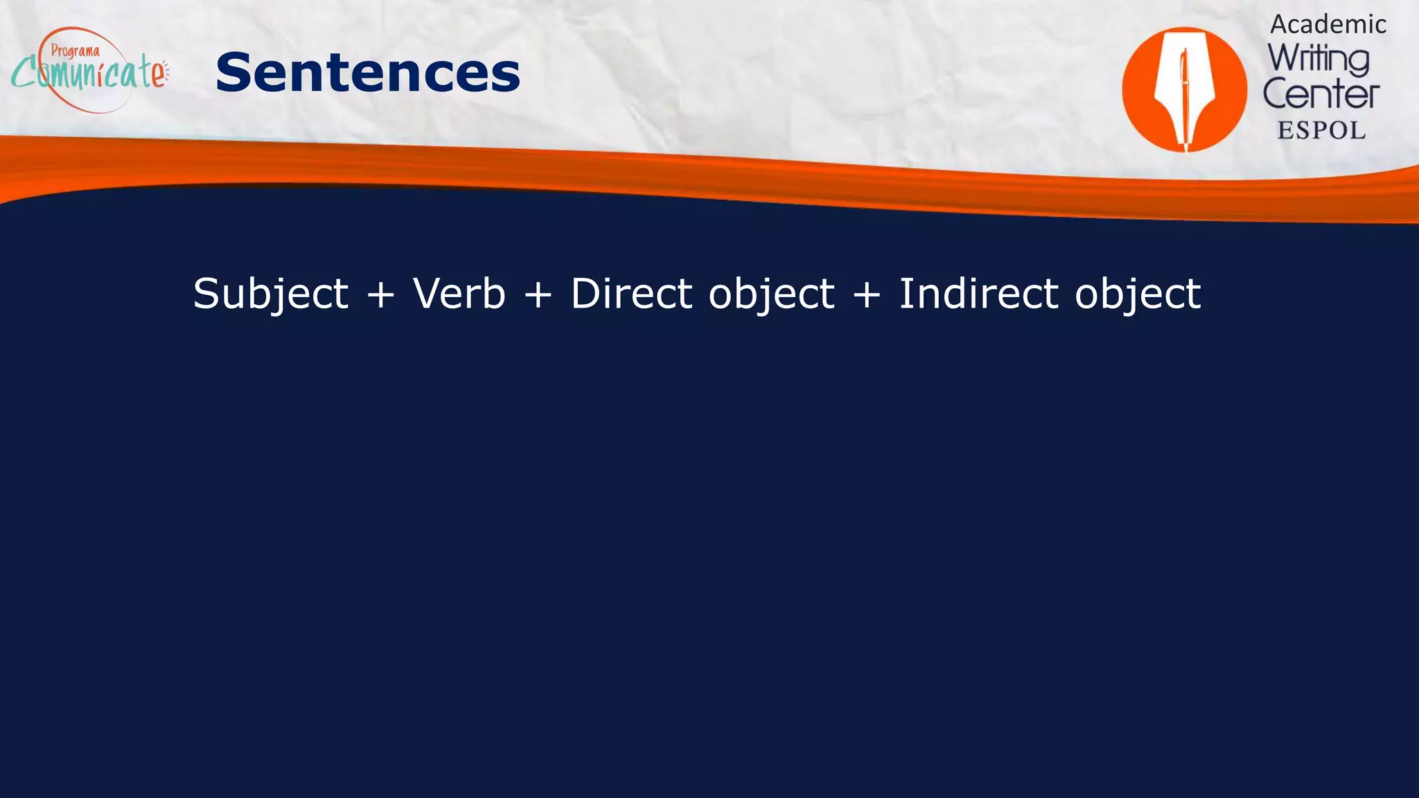Subject + Verb + Direct object + Indirect object
Academic
Sentences
 