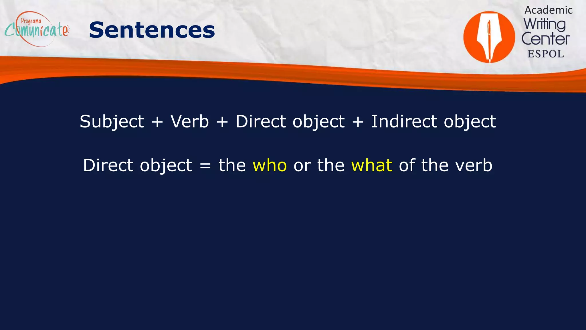 Subject + Verb + Direct object + Indirect object
Academic
Sentences
Direct object = the who or the what of the verb
 