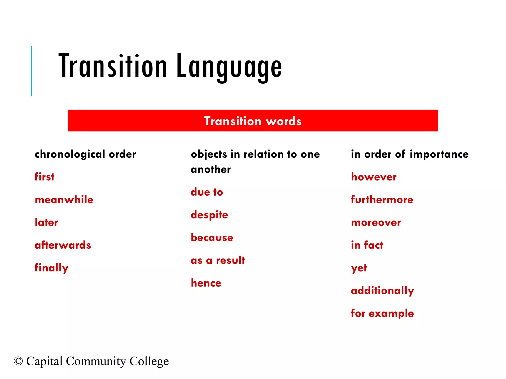 © Capital Community College
Transition Language
chronological order
first
meanwhile
later
afterwards
finally
objects in relation to one
another
due to
despite
because
as a result
hence
in order of importance
however
furthermore
moreover
in fact
yet
additionally
for example
Transition words
 