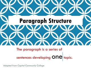 The paragraph is a series of
sentences developing onetopic.
Adapted from Capital Community College
Paragraph Structure
 