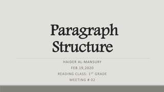 Paragraph
Structure
HAIDER AL-MANSURY
FEB.19,2020
READING CLASS: 1ST GRADE
MEETING # 02
 