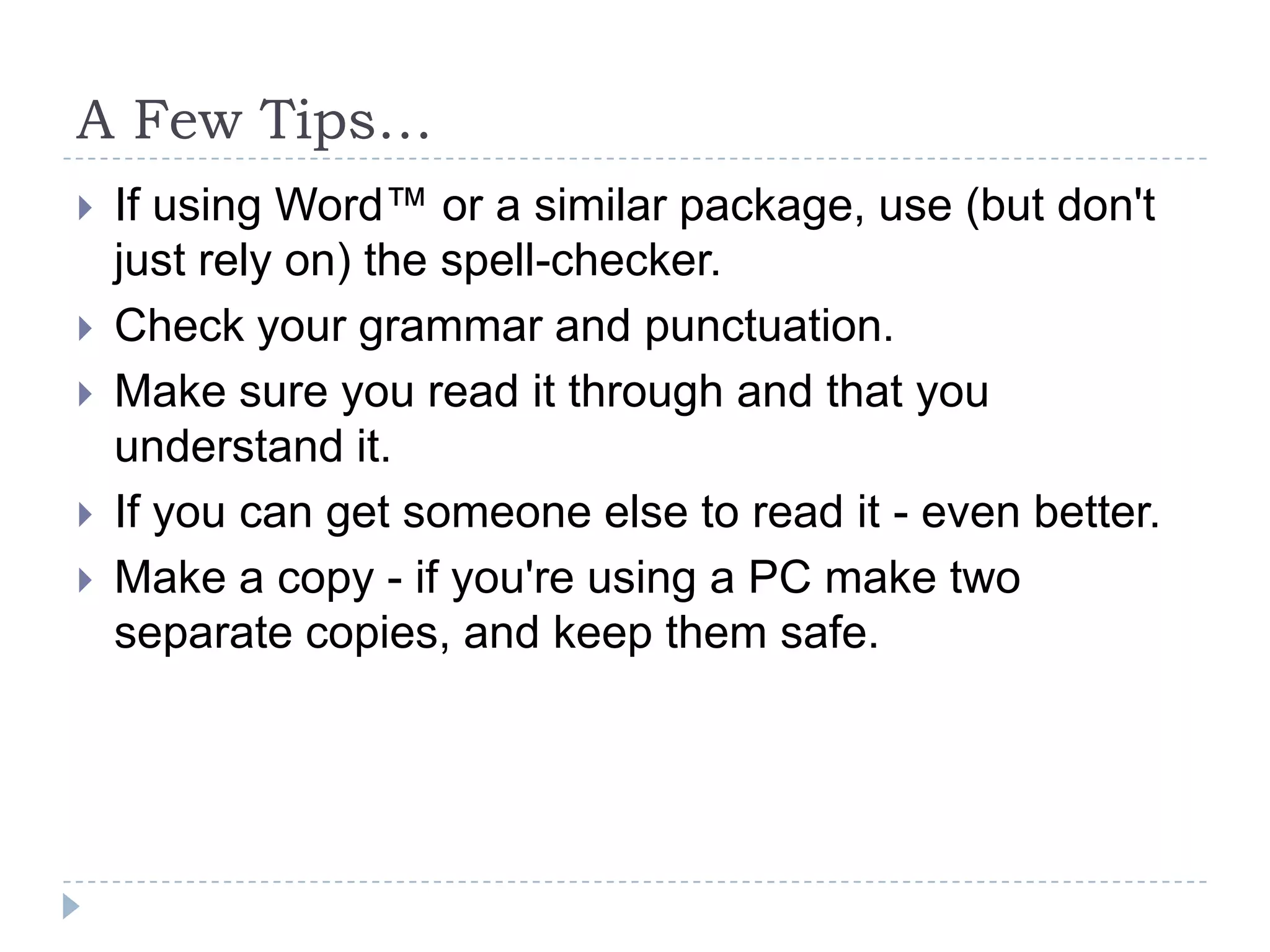 Format: At the end of the reportAppendices (not always necessary) - additional details, tables, graphs, detailed analysis. These must be numbered and cross referenced in the textGlossary (not always necessary) -explanation of any specialist termsBibliography - references to any books, journals, etc. which were used either for background reading, or directly quoted in the report.They should be arranged alphabetically by the author&apos;s name The reference should include: author, date of publication, title, edition,place of publication, publisher.