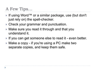 Format: At the end of the reportAppendices (not always necessary) - additional details, tables, graphs, detailed analysis. These must be numbered and cross referenced in the textGlossary (not always necessary) -explanation of any specialist termsBibliography - references to any books, journals, etc. which were used either for background reading, or directly quoted in the report.They should be arranged alphabetically by the author's name The reference should include: author, date of publication, title, edition,place of publication, publisher.