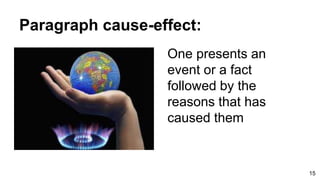 Paragraph cause-effect:
One presents an
event or a fact
followed by the
reasons that has
caused them
15
 