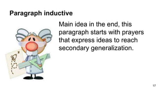 Paragraph inductive
Main idea in the end, this
paragraph starts with prayers
that express ideas to reach
secondary generalization.
17
 
