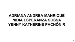 ADRIANA ANDREA MANRIQUE
NIDIA ESPERANZA SOSSA
YENNY KATHERINE PACHÓN R
19
 