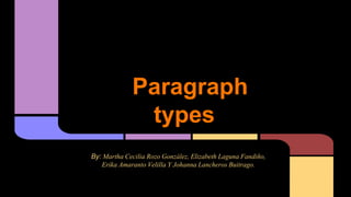 Paragraph
types
By: Martha Cecilia Rozo González, Elizabeth Laguna Fandiño,
Erika Amaranto Velilla Y Johanna Lancheros Buitrago.
 