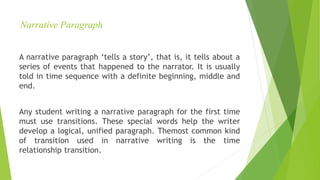 Narrative Paragraph
A narrative paragraph ‘tells a story’, that is, it tells about a
series of events that happened to the narrator. It is usually
told in time sequence with a definite beginning, middle and
end.
Any student writing a narrative paragraph for the first time
must use transitions. These special words help the writer
develop a logical, unified paragraph. Themost common kind
of transition used in narrative writing is the time
relationship transition.
 