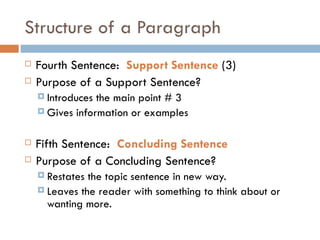 Structure of a Paragraph Fourth Sentence:  Support Sentence  (3) Purpose of a Support Sentence? Introduces the main point # 3 Gives information or examples Fifth Sentence:  Concluding Sentence Purpose of a Concluding Sentence? Restates the topic sentence in new way. Leaves the reader with something to think about or wanting more. 