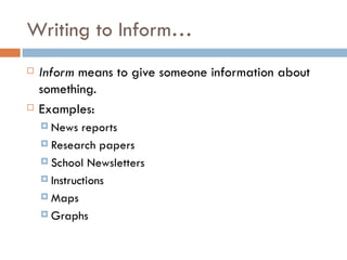 Writing to Inform… Inform  means to give someone information about something. Examples: News reports Research papers School Newsletters Instructions Maps Graphs 