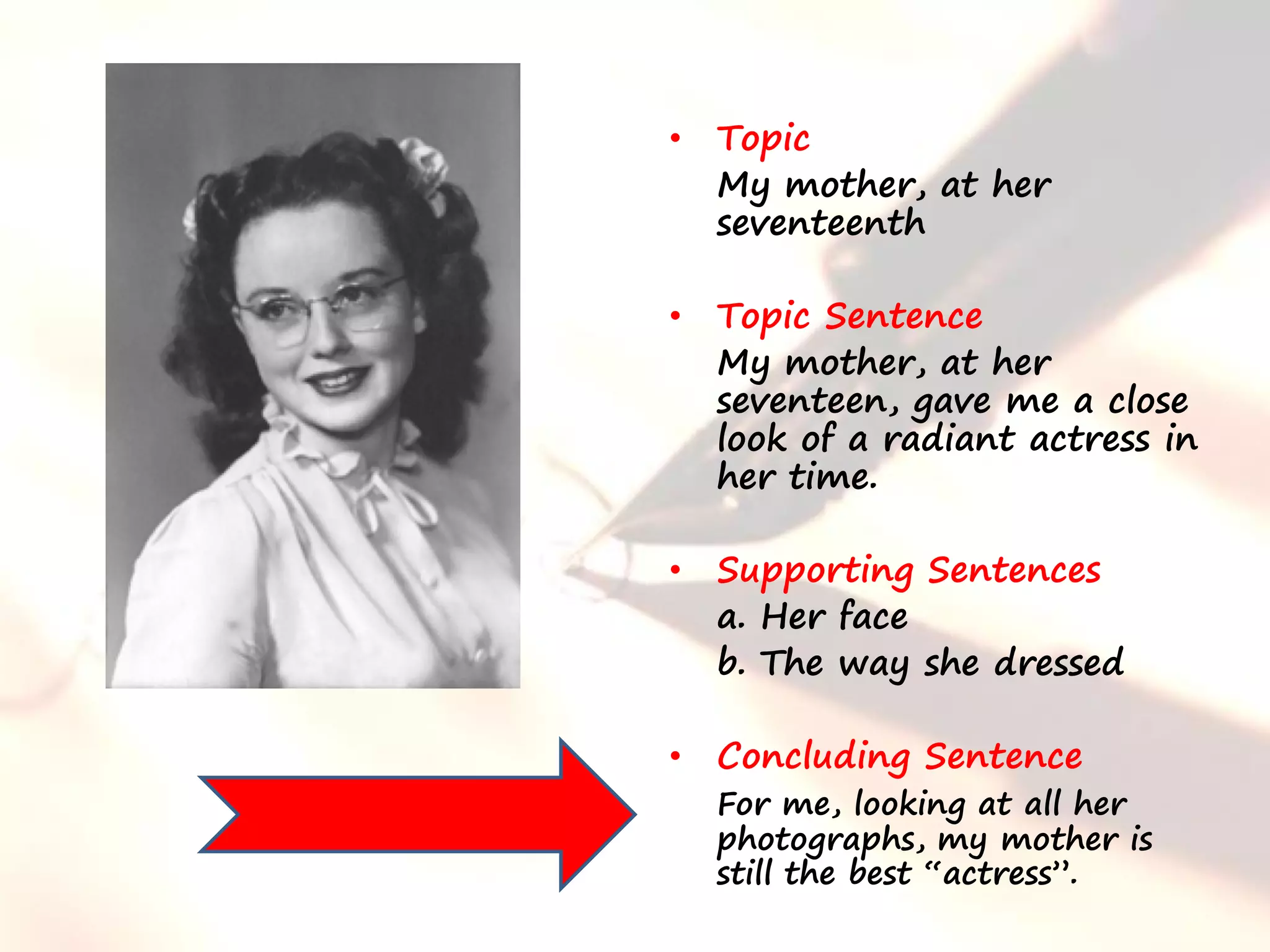 •   Topic
    My mother, at her
    seventeenth

• Topic Sentence
  My mother, at her
  seventeen, gave me a close
  look of a radiant actress in
  her time.

•   Supporting Sentences
    a. Her face
    b. The way she dressed

•   Concluding Sentence
    For me, looking at all her
    photographs, my mother is
    still the best “actress”.
 