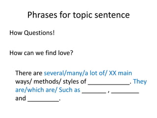 Phrases for topic sentence
How Questions!
How can we find love?
There are several/many/a lot of/ XX main
ways/ methods/ styles of ____________. They
are/which are/ Such as _______ , ________
and _________.
 