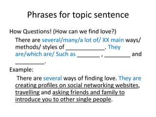 Phrases for topic sentence
How Questions! (How can we find love?)
There are several/many/a lot of/ XX main ways/
methods/ styles of ____________. They
are/which are/ Such as _______ , ________ and
_________.
Example:
There are several ways of finding love. They are
creating profiles on social networking websites,
travelling and asking friends and family to
introduce you to other single people.
 