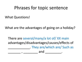 Phrases for topic sentence
What Questions!
What are the advantages of going on a holiday?
There are several/many/a lot of/ XX main
advantages/disadvantages/causes/effects of
____________. They are/which are/ Such as
_______ , ________ and _________.
 