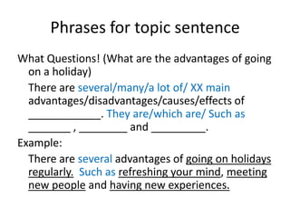Phrases for topic sentence
What Questions! (What are the advantages of going
on a holiday)
There are several/many/a lot of/ XX main
advantages/disadvantages/causes/effects of
____________. They are/which are/ Such as
_______ , ________ and _________.
Example:
There are several advantages of going on holidays
regularly. Such as refreshing your mind, meeting
new people and having new experiences.
 
