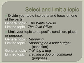  Divide your topic into parts and focus on one 
of the parts: 
General topic: The White House 
Limited topic: The Oval Office 
 Limit your topic to a specific condition, place, 
or purpose: 
General topic: Shopping 
Limited topic: Shopping on a tight budget 
(condition) 
General topic: Training a dog 
Limited topic: Training a dog on command 
(purpose) 
Viorica Condrat 
 