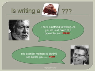 There is nothing to writing. All 
you do is sit down at a 
typewriter and …bl…ee…d .. 
The scariest moment is always 
just before you…….s..t.art 
Viorica Condrat 
 