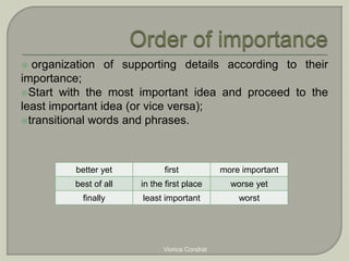  organization of supporting details according to their 
importance; 
Start with the most important idea and proceed to the 
least important idea (or vice versa); 
transitional words and phrases. 
better yet first more important 
best of all in the first place worse yet 
finally least important worst 
Viorica Condrat 
 