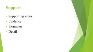 Support
 Supporting ideas
 Evidence
 Examples
 Detail
 