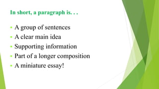 In short, a paragraph is. . .
 A group of sentences
 A clear main idea
 Supporting information
 Part of a longer composition
 A miniature essay!
 