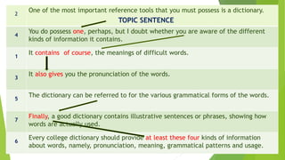 2
One of the most important reference tools that you must possess is a dictionary.
4
You do possess one, perhaps, but I doubt whether you are aware of the different
kinds of information it contains.
1
It contains, of course, the meanings of difficult words.
3
It also gives you the pronunciation of the words.
5
The dictionary can be referred to for the various grammatical forms of the words.
7
Finally, a good dictionary contains illustrative sentences or phrases, showing how
words are actually used.
6
Every college dictionary should provide at least these four kinds of information
about words, namely, pronunciation, meaning, grammatical patterns and usage.
TOPIC SENTENCE
 